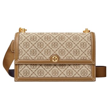 TORY BURCH 緹花拼接皮革斜背包 S1081863  約寬27 x 高18 x 厚7.5cm  卡其色 + 駝色