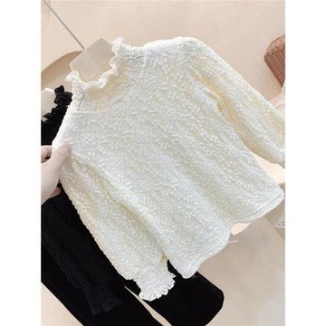 歐美風童裝2024秋冬裝新款女童洋氣花邊高領加絨加厚蕾絲打底衫潮