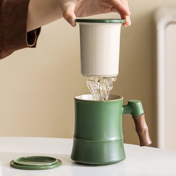 新品竹節辦公室泡茶杯子陶瓷茶水分離杯馬克杯喝茶水杯禮品伴手禮