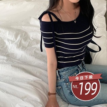 【台灣發貨】韓版露肩百搭短袖綁帶針織上衣 衣服 女裝 t恤 短袖t恤 上衣【T645】