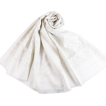 COACH 小C LOGO銀絲線毛邊羊毛圍巾-米白