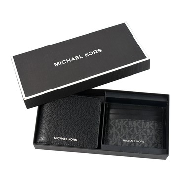 Michael Kors 男款 鵝卵石紋八卡短夾/名片夾禮盒-黑色