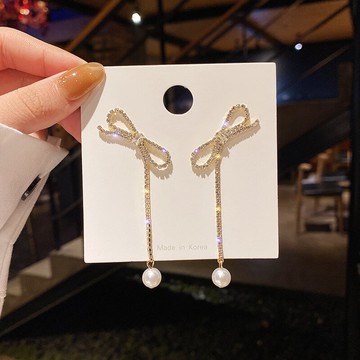 S925銀針韓版蝴蝶結長款流蘇不對稱耳環女滿鉆超閃高級感時尚耳飾