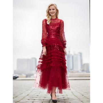 DIDABOLE新款網紗車花繡亮片長袖收腰高端禮服裙連衣裙大擺長裙子