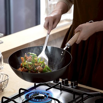 不易生鏽無塗層木柄窒化鐵炒鍋(IH爐可用)-30cm 單一規格