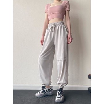 運動褲夏季薄款女速干寬松束腳休閑白色跑步長褲瑜伽健身褲工裝褲