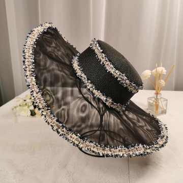 歐美輕奢風花邊網紗拼接草帽復古優雅大檐帽名媛氣質禮帽黑色帽子