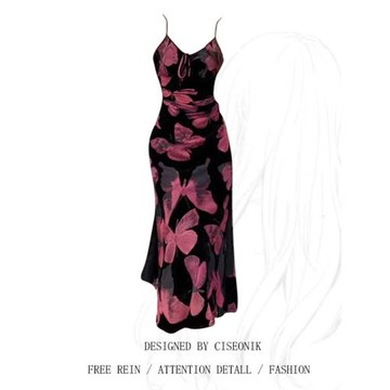 大碼復古辣妹蝴蝶印花連衣裙女春夏胖妹妹純欲風情萬種的吊帶裙子