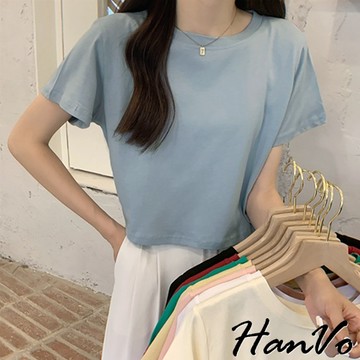 【HanVo】夏日冰淇淋色系短版棉T恤 素色上衣 短袖t恤 白色t恤 寬鬆上衣 女上衣 女生衣著 A01-1262