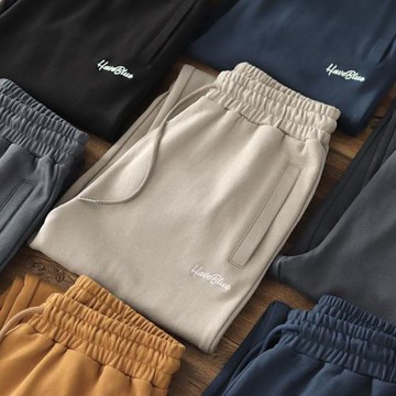 春秋純棉運動褲日系復古灰色直筒寬松慵懶束腳針織長褲休閑衛褲男