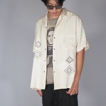 【日本製造】復古絲綢和服復刻版、男士 L 襯衫、半袖、按扣