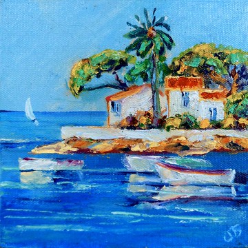 海景布面油畫、原創藝術、船畫、地中海藝術