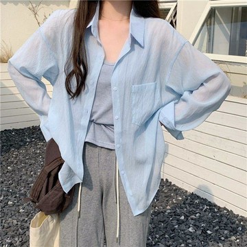 【雅韻衣櫥】純色冰絲防曬襯衫女夏季薄款開衫設計感小衆垂感罩衫襯衣外套上衣