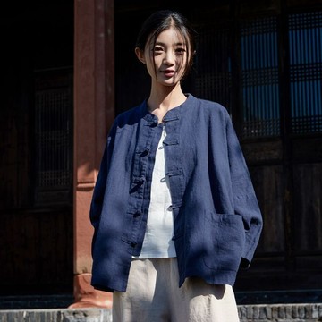 【雅韻衣櫥】 新款棉麻襯衫外套女中國風蝙蝠袖立領上衣復古長袖盤扣薄開衫