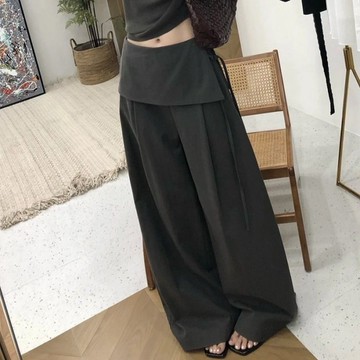 韓版開叉假兩件一體屁簾寬腳直筒褲女 2026新款 高腰 顯瘦休閒褲 闊腿褲 直筒褲