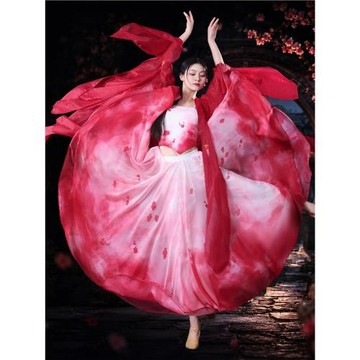 古典舞蹈服女國風紅色身韻飄逸破爛袖紗衣表演服漸變大擺裙演出服