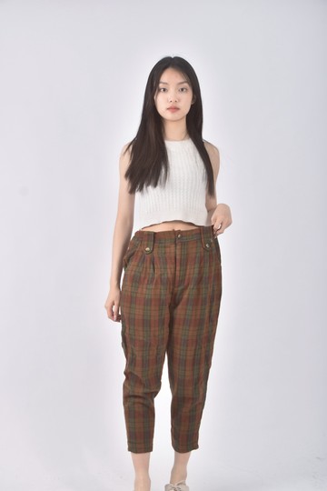 (XL) 高腰格紋橘色長褲