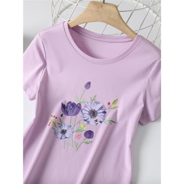 短袖女2025年新款時尚顯瘦薄款絲光棉印花圓領短袖t恤女夏上衣