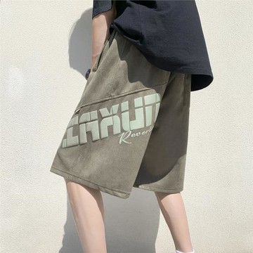 麂皮絨工裝短褲男夏季美式復古發泡印花五分褲潮牌寬松大碼中褲子