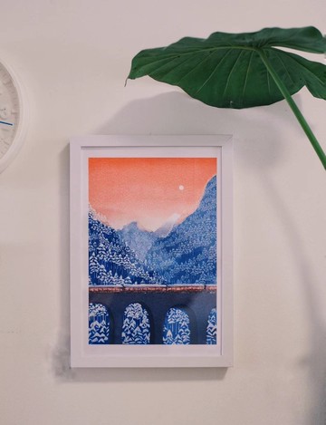 A4 Riso 印品  慢車穿越雪山 雙色Risograph原創插畫孔版印刷版畫
