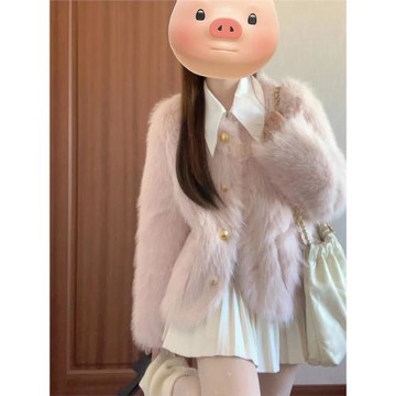 小香風粉色毛毛外套女秋冬季新款高級感加厚毛茸茸上衣仿皮草大衣