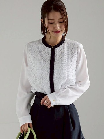 精緻蕾絲跳色排釦圓領襯衫(0F001509210) - Te chichi