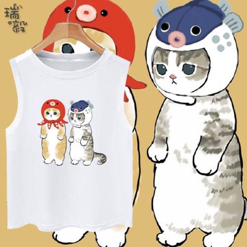 貓咪鯊魚呆萌可愛貓貓鏟屎官趣味動物純棉背心男女兒童無袖T恤衫