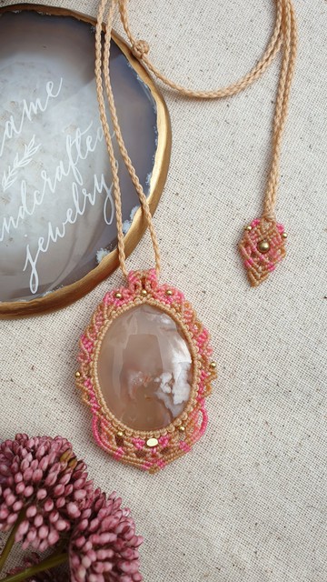 SA02粉色。櫻花瑪瑙南美蠟線編織項鍊