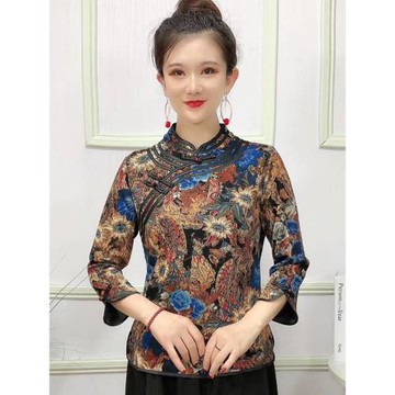 秋冬季改良款女士旗袍體恤精致偏襟設計復古印花修身顯瘦七分袖T