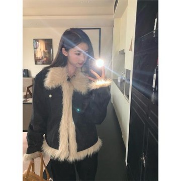 橘子樹在哪兒高級感拼接毛毛夾棉牛仔外套女秋冬保暖短款氣質上衣