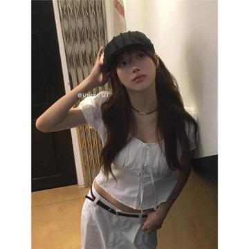 Unique SEI夏季韓系褶皺系帶顯瘦短款方領襯衫上衣直筒寬松休閑褲