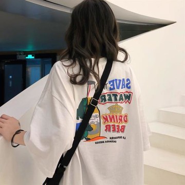 夏季趣味背后圖案韓國半袖T恤寬松百搭可愛少女短袖上衣學生ins風