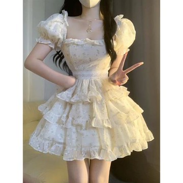 夏季新款純欲芭蕾甜辣女氣質收腰蝴蝶結蛋糕碎花連衣裙仙女公主裙