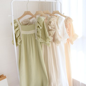 ParrotFashion女士純棉睡裙春秋夏季新款荷葉袖宮廷風雙層素色棉布四色短袖透氣