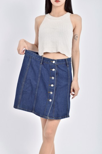 (L) 丹寧牛仔排扣藍色短裙