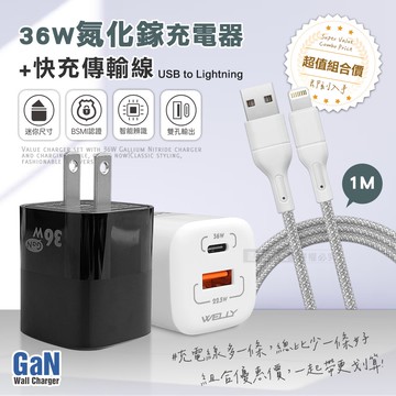 【WELLY】36W氮化鎵GaN 迷你雙孔充電器+USB to Lightning 耐拉編織充電線(100CM)
