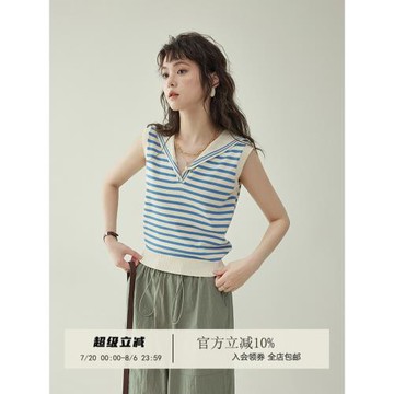 「北島AMUU」日系藍色條紋海軍領休閑無袖針織衫女夏百搭顯瘦上衣