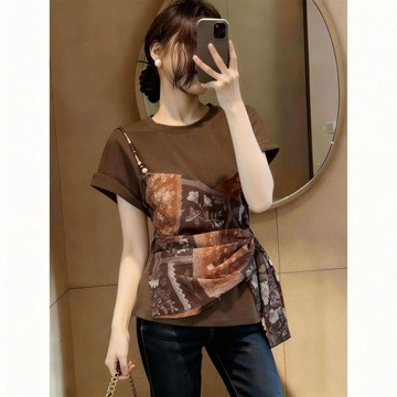 夏季新款復古印花拼接假兩件短袖T恤女大碼顯瘦設計感小衆上衣女005
