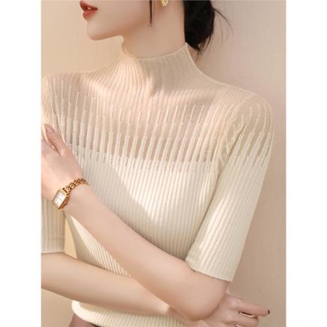 秋季2025新款蕾絲網紗針織打底衫毛衣女法式高級半高領五分袖上衣