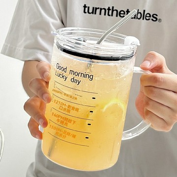 【高硼硅耐高溫】玻璃吸管杯 馬克杯 水杯 大容量杯 運動水杯 帶把手 1000毫升 高顏值 防燙防爆 居家辦公健身