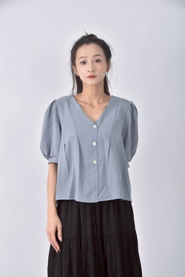 (S) yuanchuangjid排扣藍色短袖上衣