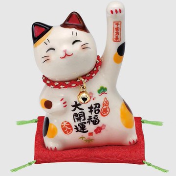 日本製【薬師窯】瀨戶純手工彩繪必勝招福招財貓(附鈴鐺、小)Ykcat-7828