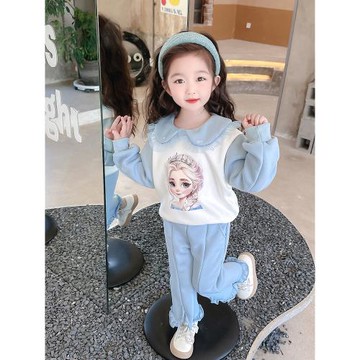 女童套裝秋冬季2025新款小童洋氣加厚加絨艾莎衛衣褲子兒童運動服