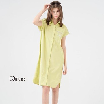 【Qiruo 奇若】春夏專櫃黃綠洋裝8007F 襯衫領優雅氣質
