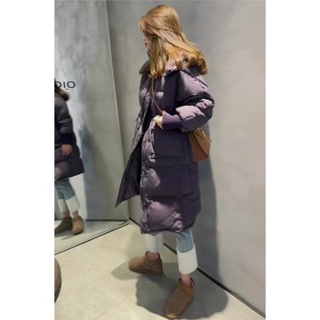 中長款連帽加厚羽絨服女冬新款韓版寬松大口袋加厚保暖過膝長外套