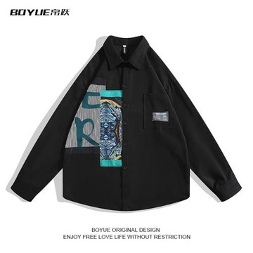 BOYUE帛躍oversize拼接印花翻領襯衫ins時尚潮牌設計感襯衣外套男