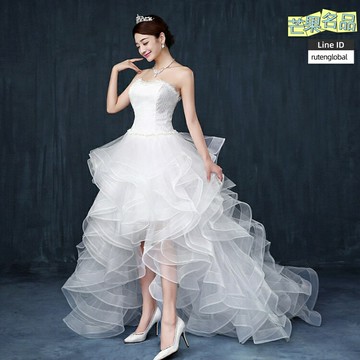【韓式長拖尾】新娘婚紗 敬酒禮服 主婚紗 拖尾婚紗 蕾絲婚紗 雙肩婚紗 前短後長設計 修身顯瘦 婚禮主紗 新娘敬酒服