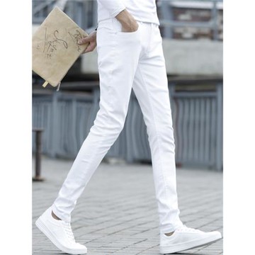 白色牛仔褲男士九分破洞修身小腳褲2025新款潮牌顯瘦彈力休閑褲子