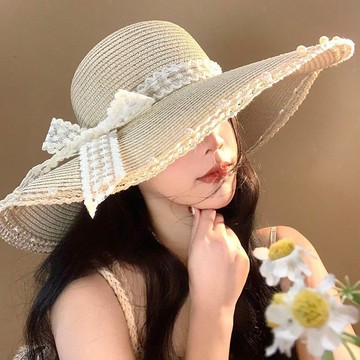 台灣熱賣蕾絲蝴蝶結草帽女夏季防曬遮陽帽甜美戶外海邊大沿圓頂編織沙灘帽-L1001 TWNI