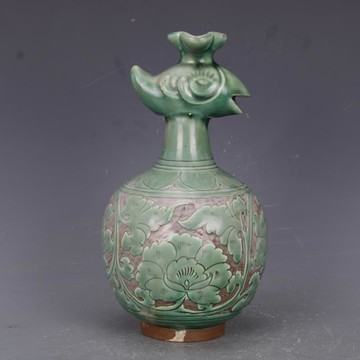 宋磁州窯刻纏枝花紋雞頭壺仿古老貨瓷器家居中式裝飾擺件古玩收藏1入